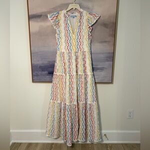 ANTONIO MELANI White Eyelet Maxi Cotton Dress Multi-Color Embroidered Florals